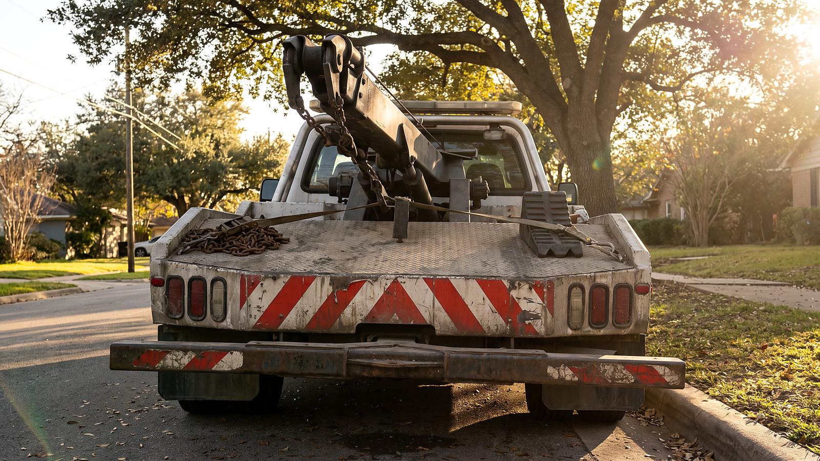 The back of a tow truck parked at a curb under an oak, reflective chevron striping across the rear