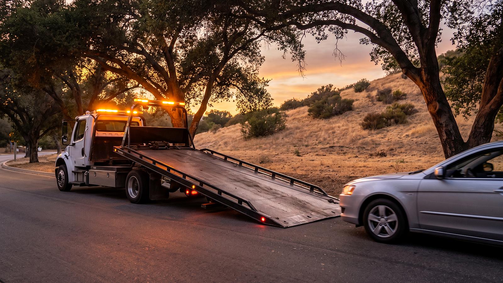 A flatbed tow truck with its ramp down on a street under old oaks at dusk, a sedan waiting at the curb