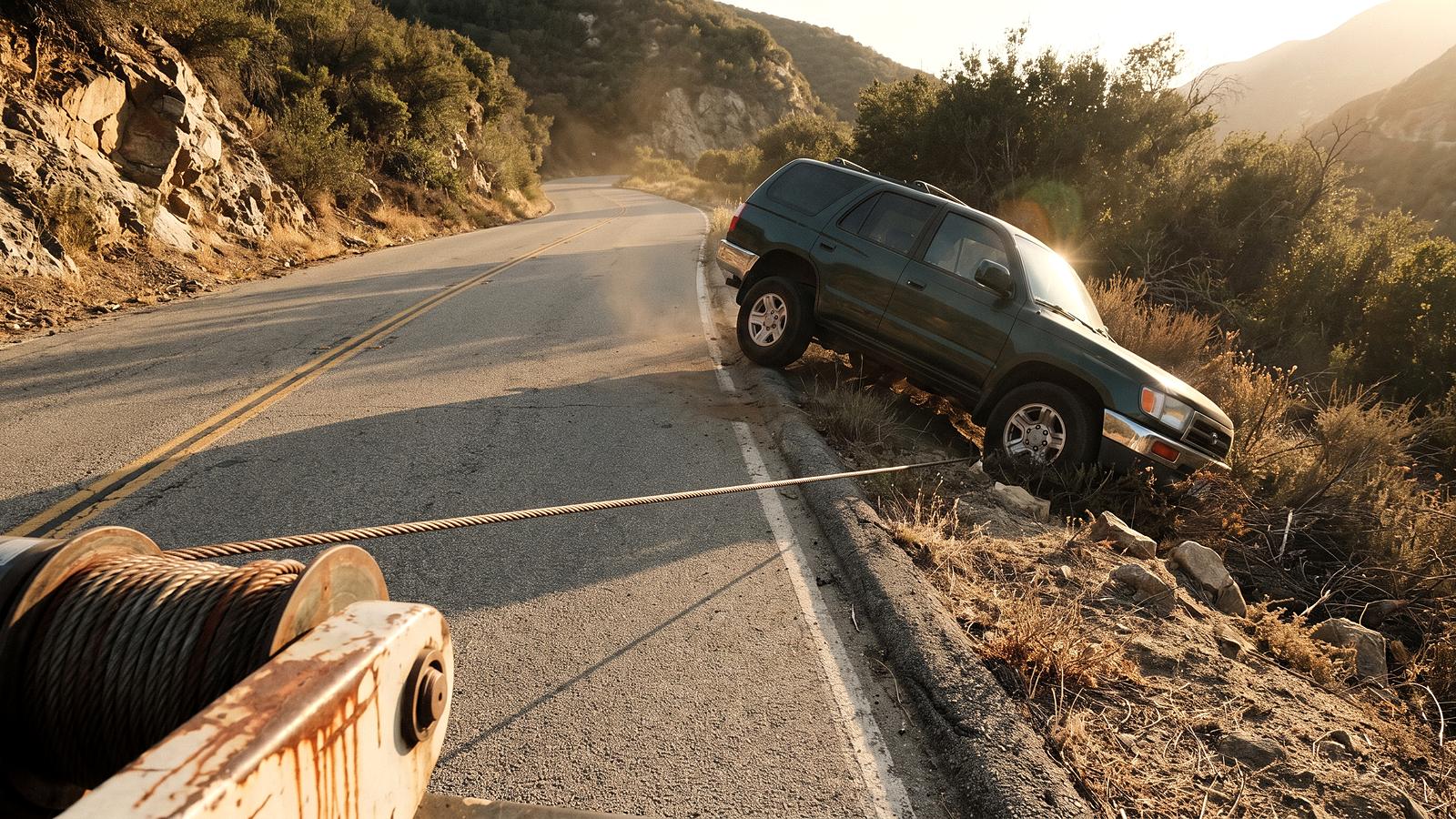 A winch cable run up to an SUV that has dropped its wheels off the edge of a canyon road into dry brush